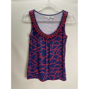 Boden Blue Red Beaded Tank Top Scoop Neck Printed Stretch Size US 4